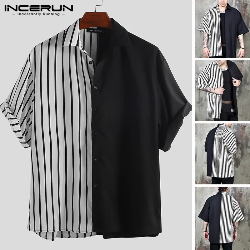 INCERUN Slim Fit Lapel Neck Slim Fit Literary Black Stripes Patchwork Half sleeve Design Splicing Fashion Personality Camisas