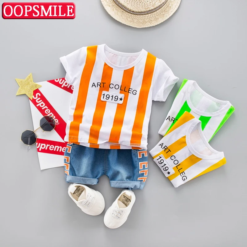 

Baby Boy Clothing Sets Colour Striped Fashion Baby Clothes Set 2PCS Summer Top Beach Denim Shorts T-shirt + Denim Shorts