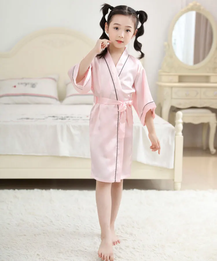 Детские пижамы для девочек, детская ночная рубашка, халаты, шелковая ткань, домашняя одежда, одежда для сна для больших девочек, одежда для сна, детская одежда - Цвет: Розовый