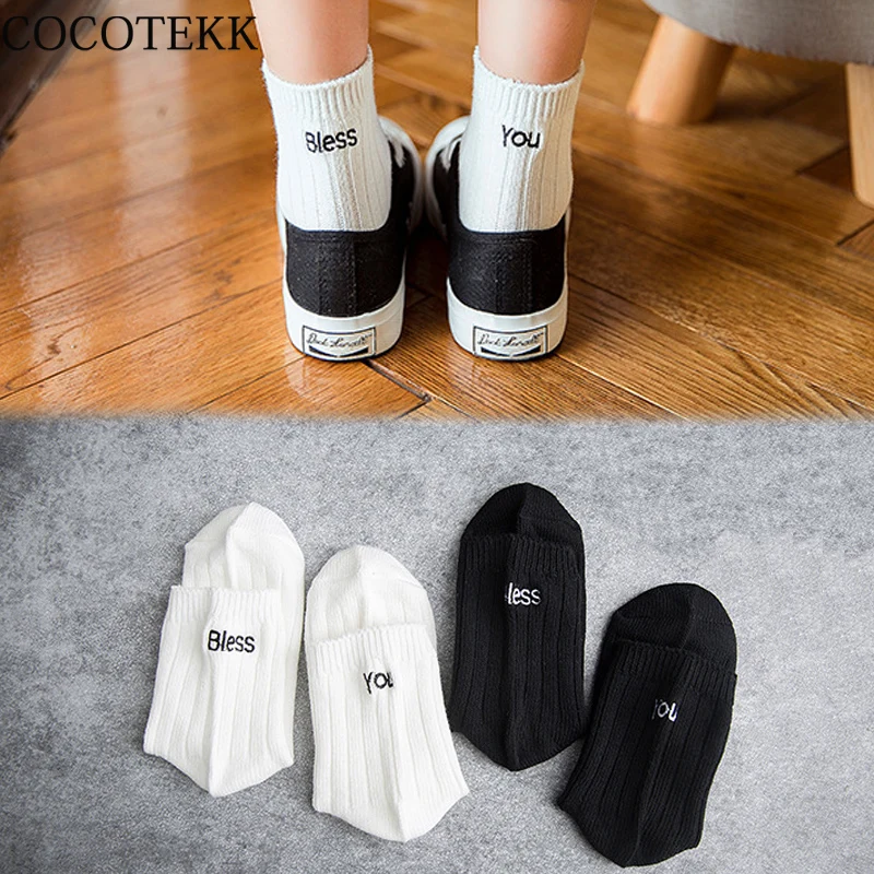 

Casual Simple Women Cotton Socks White Black Embroidery Letter God Bless Me You Creative Socks Fashion Teen Art Novelty Socks