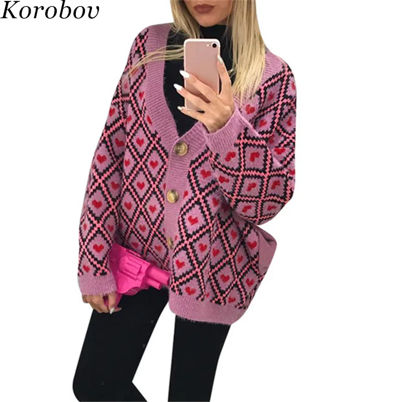 Korobov New Vintage Argyle V Neck Women Sweaters Love European Female