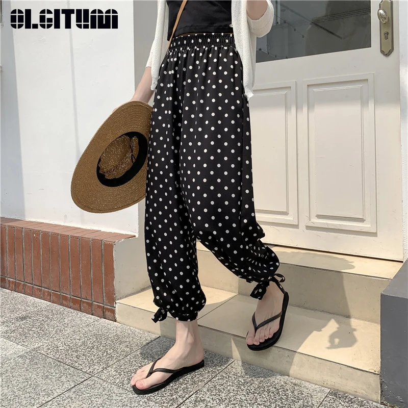 

OLGITUM HOT 2019 Retro Harem Pants Female Spring Summer Slim Chiffon Loose High Waist Women Trousers Pants Dot Plaid Striped