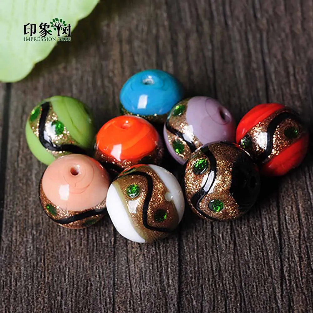 

10pcs 12mm Handmade Lampwork Round Beads Gold Sands Powder Around Loose Spacer Glass Beads Multi Color For Jewelry Making 1602