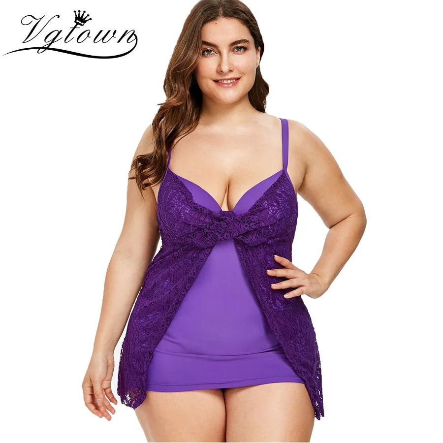 

VGTOWN Plus Size 7XL Two-Piece Swimwear Women Sexy Lace Tankini Padded Push Up Beach Bathing Suits Vintage Swim Ware