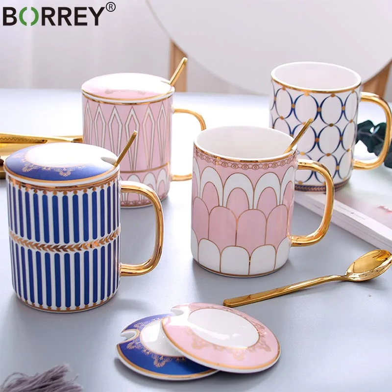 

BORREY European Coffee Mug Ceramics 350Ml Office Classic Coffee Mug With Lid Spoon Hand Painted Porcelain Tea Cup Ceramica Mug