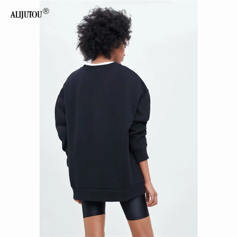 Zaraing&M Spring 2019 Black Casual Knitted Sweatshirt Women O Neck Long Sleeve Loose Pullover Letter Streetwear Sweatshirt Mujer