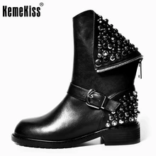 Real Genuine Leather Boots Rivet Square Heels Autumn Winter Ankle Boots Sexy Martin Fur Snow Boots Shoes Woman Size 34-39 N00105