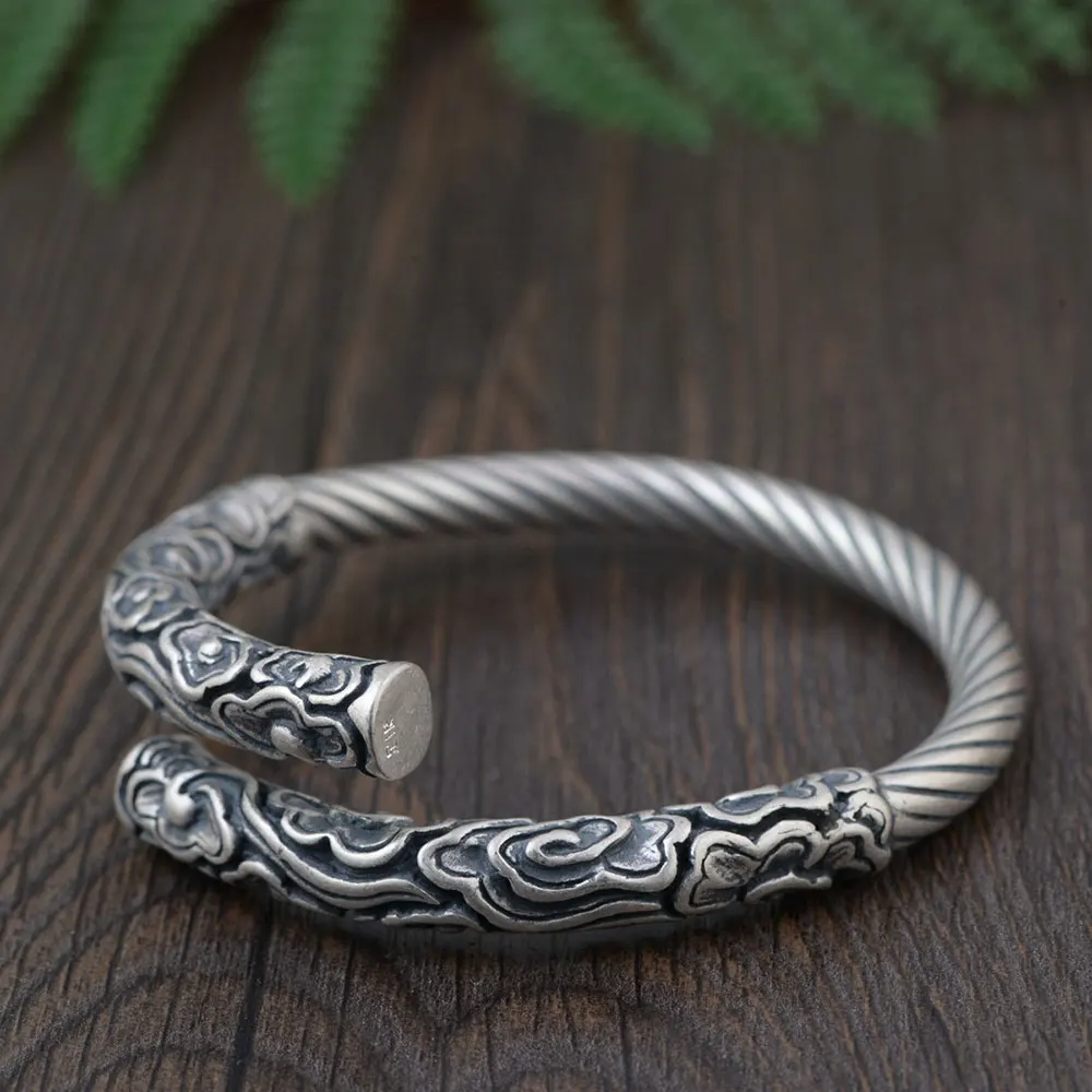 

FNJ 925 Silver Rope Bangle 8mm Thickness Vintage Open Size Diameter 58mm 100% S990 Sterling Silver Bangles for Men Jewelry