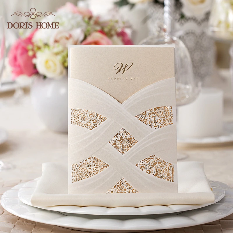 100pcs Vertical Laser Cut Ivory White Hollow Flora Wedding Invitation