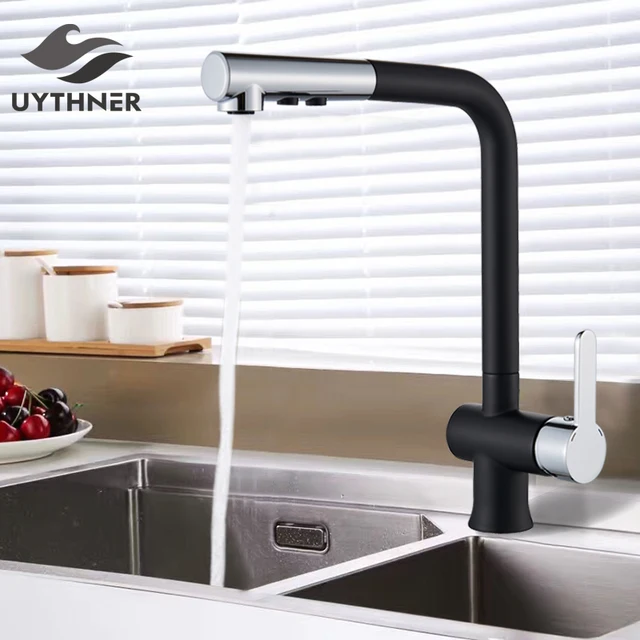 Best Offers Black Kitchen Faucet Deck Mounted Hot Cold Water Mixer Faucet Kitchen Pull Down Mixer Crane 2 Function Spout Chrome Handle