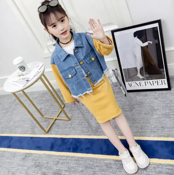 

Toddler Girl Sets 2019 Spring Girls Fashion Outfits Denim Coat+Dress 2Pcs Suits Children Clothing Girls Clothes 4-14Y