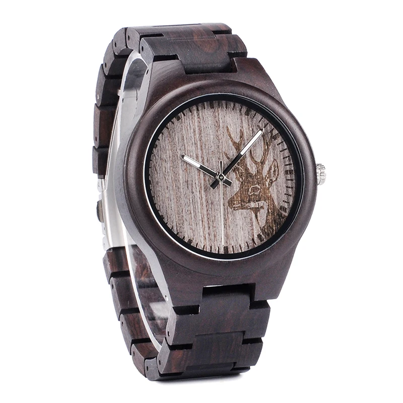 BOBO BIRD L-I26 Men's Elk Dial Wooden Watch Ebony Wood Band Japan Quartz Clock for Men in Gift Box OEM
