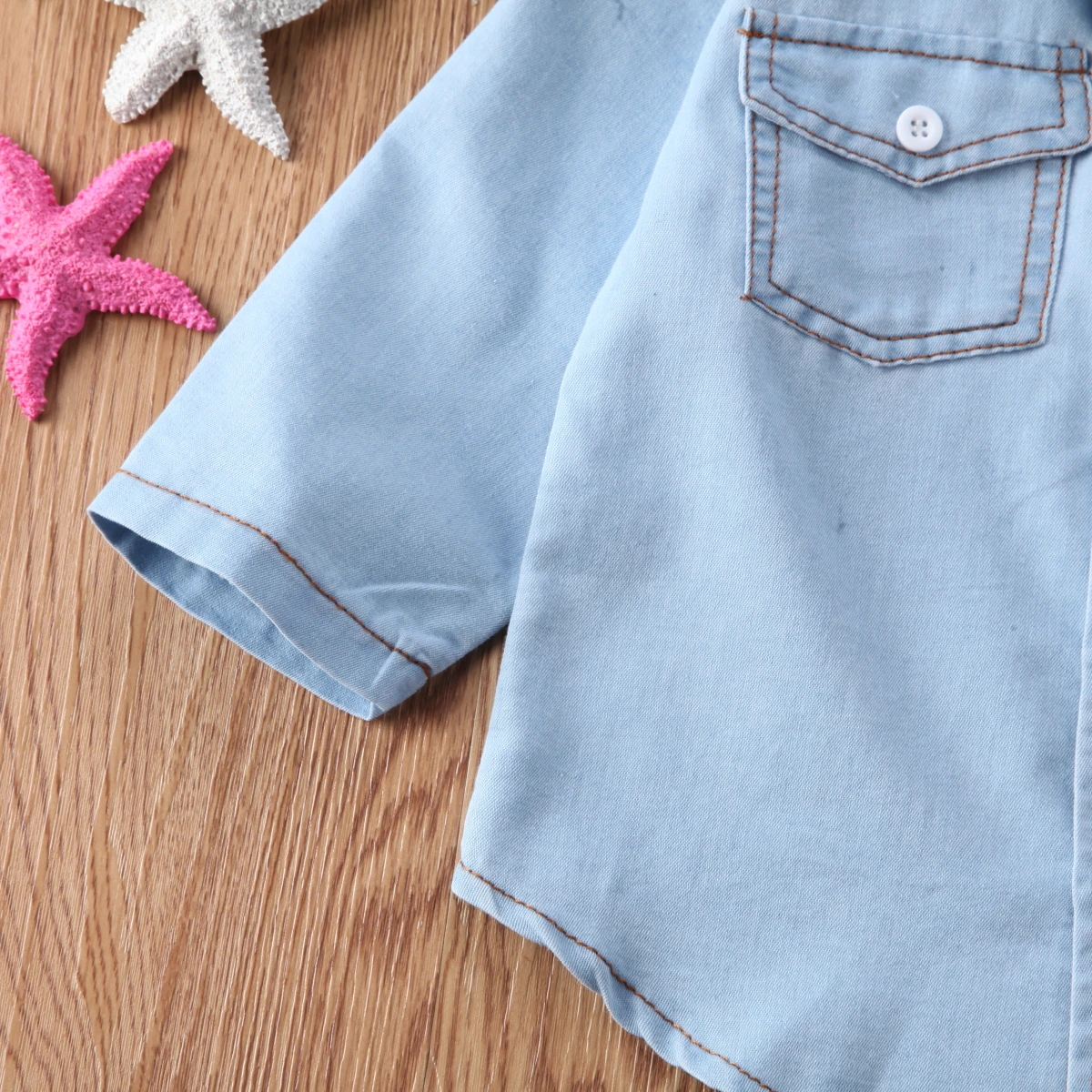 Детский модный костюм унисекс для маленьких мальчиков и девочек Джинсовая рубашка с короткими/длинными рукавами верхняя одежда