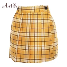 Арцу Весна каваи винтажная клетчатая школьная юбка плиссированная Высокая талия желтая юбка Сексуальная Мини Короткая Saia зеленая уличная одежда ASSK20216