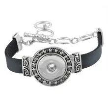 Новые винтажные черные браслеты SE0115 из натуральной кожи, металлические браслеты с застежкой, Браслеты 26 см, 18 мм кнопки "сделай сам", аксессуары