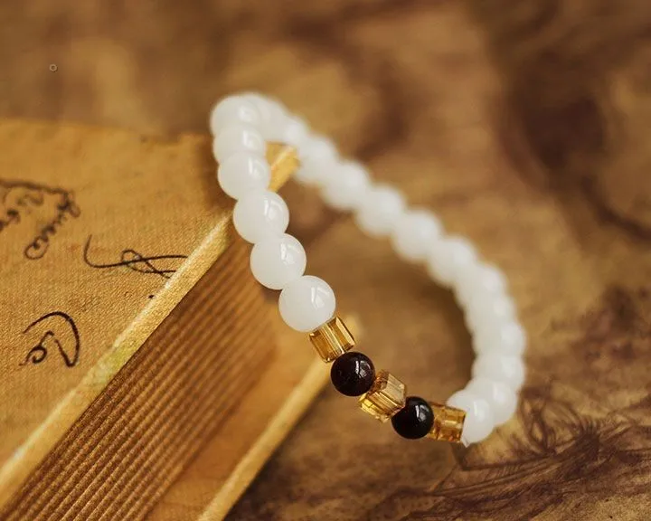 Браслеты и Обручи из натурального белого халцедона с гранатом 7 мм|bracelet fashion|bracelet