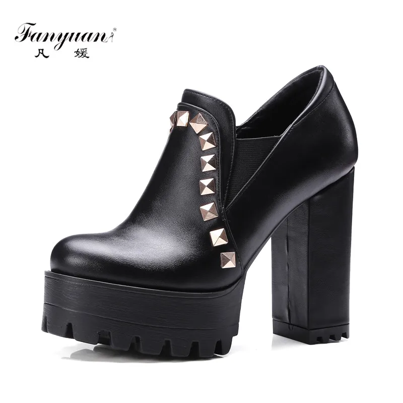 

Spring 2017 Fanyuan Women Sexy Pumps Thick Heels Lace-up Rivet Girl's Leafer Shoes Ladies' Shoes Platform Pumps Office Lady Heel