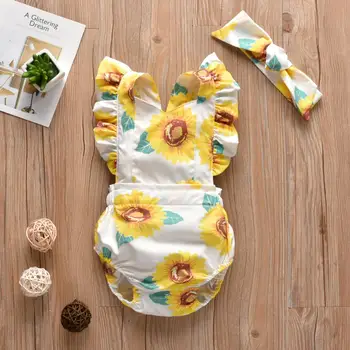 

Infant Toddler Baby Girls Romper Sunflower Pattern Ruffled Floral Sleeveless Jumpsuit+Headband Newborn Clothes Sunsuit Outfits