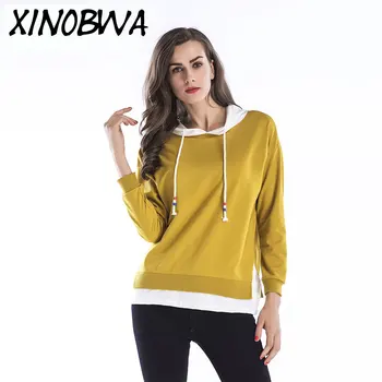 

Europe New2018 Autumn Spring Women High Street Fashion Faux 2 Piece Loose Pullover Hoodies Female Plus Size Mix Color Sweatshirt