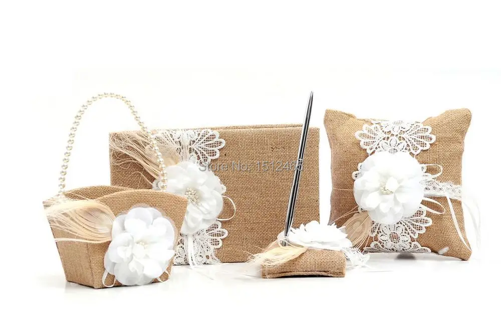 

Set of 4 pcs Burlap Hessian Lace Flower Vintage Rustic Wedding Guest Book Pen Holder Ring Pillow Flower Girl Basket