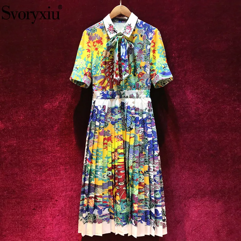 

Svoryxiu Designer Summer luxury Midi Dress Women's Short Sleeve Beading Vintage Peacock Print Elegant Party Dresses Vestdios