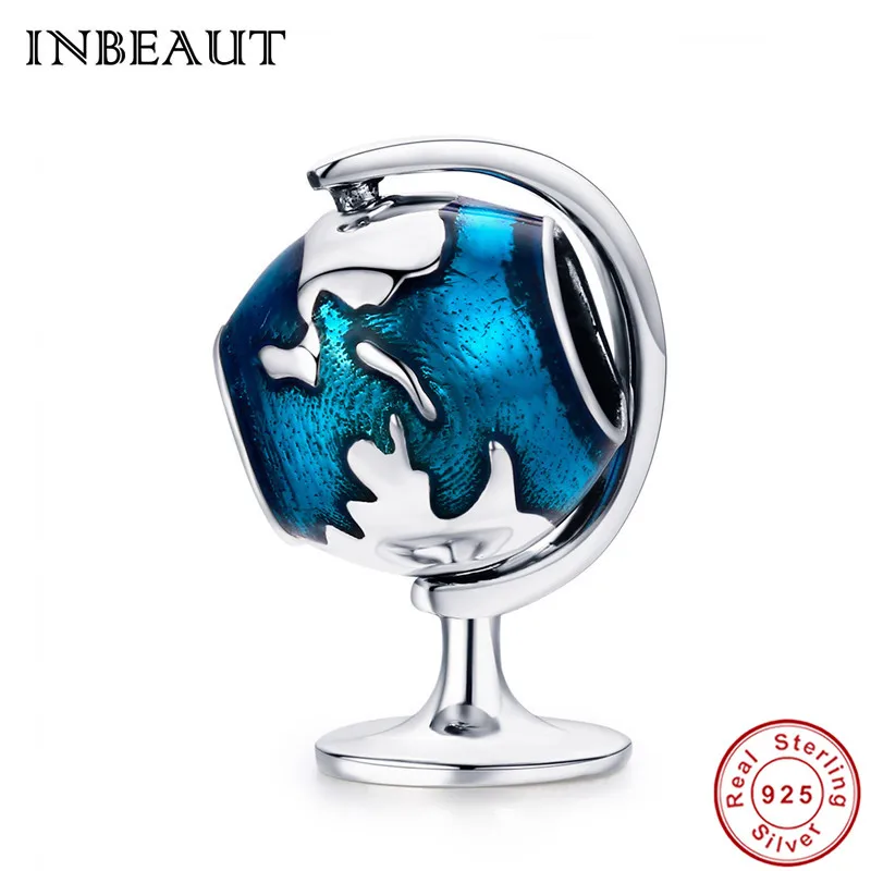 

INBEAUT 100% Real 925 Sterling Silver the Earth Instrument Blue Enamel Map Charm Beads fit Trendy Bracelet for Teen Girls Gift