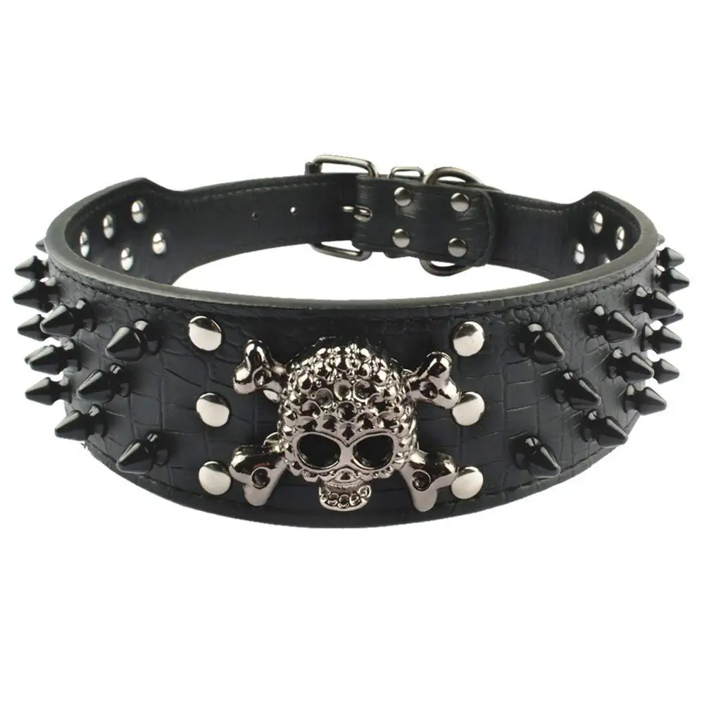 piked Leather Dog Collar 3 Rows Bullet Rivets Studded PU Leather Cool