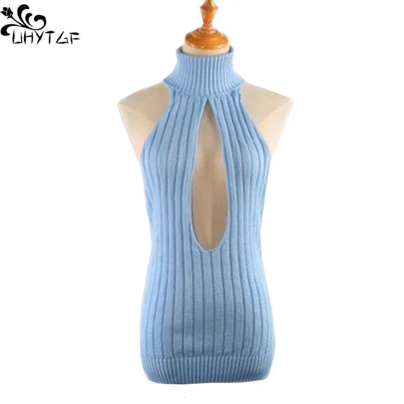 

UHYTGF Sexy Backless Virgin Killer Sweater Women Bodysuit Turtleneck Open Chest Hollow Japanes Knit Sweaters Female Pullover 322