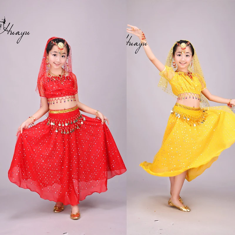 Детский костюм для танца живота с блестками для девочек, 3 шт., индийское танцевальное платье Болливуда, одежда для восточных танцев, Бальные, сценические, вечерние, для танцев