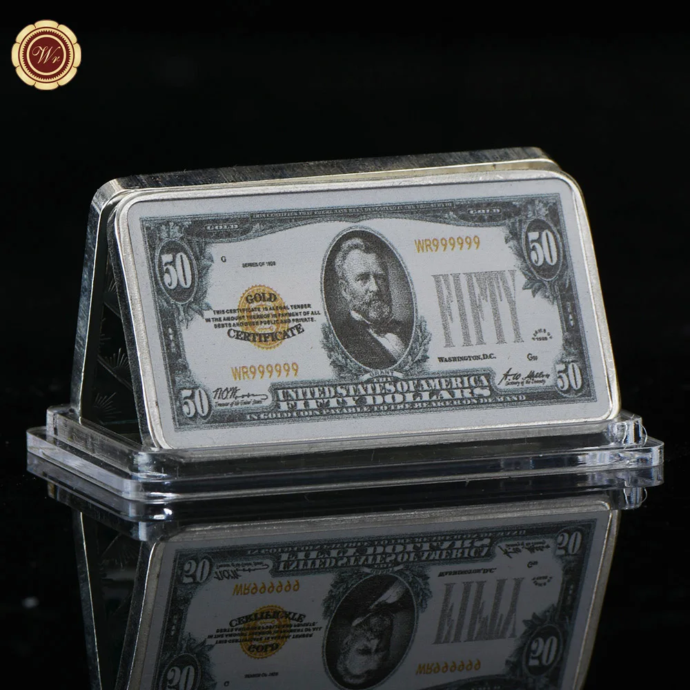 

WR 50 Dollar American 999.9 Colorful Silver Plated Banknote Metal Bar Quality Currency Bill Note Silver Fake Bars for Gifts