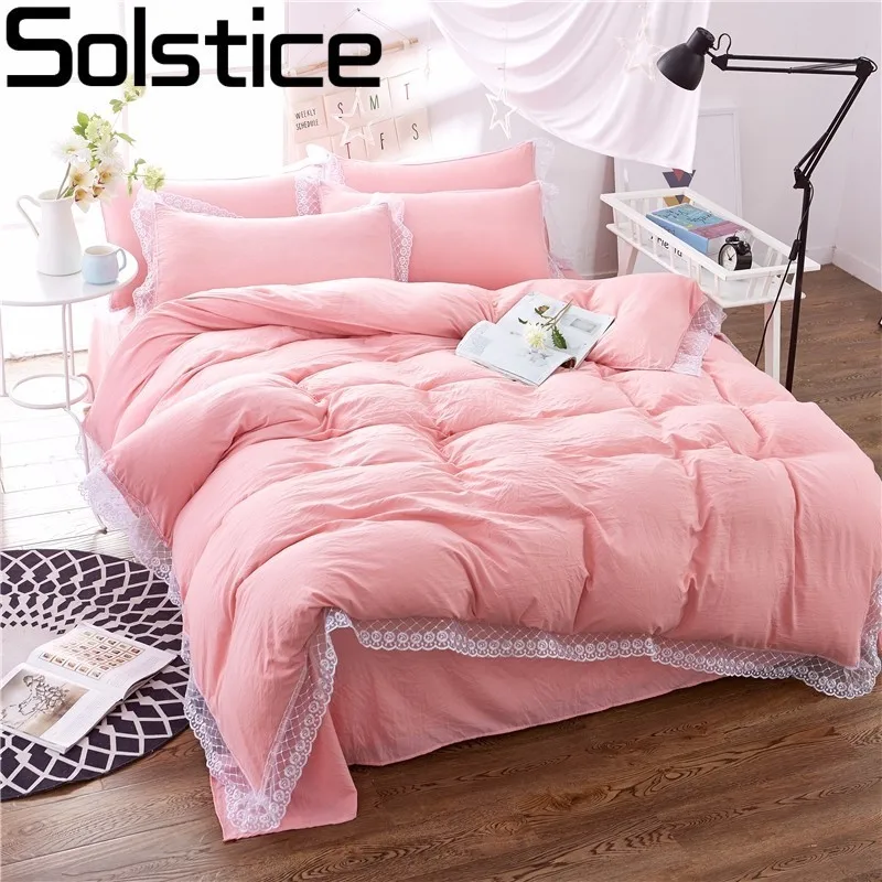

Solstice Home Textile Lace Edge Pink Solid Color Style Girl Princess 4pcs Bedding Sets Bedclothes Duvet Cover Set Pillowcase