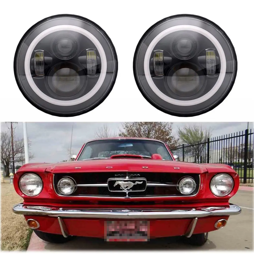 1 7 INCH LED Headlight Black Vader Set with Halo Rings for Ford Mustang 1965-1978
