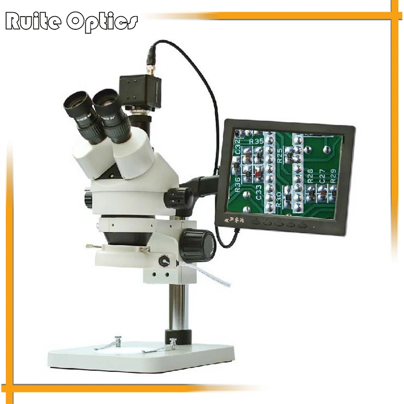 

Trinocular 7x-45x Zoom Stereo Microscope w/ LED Ring Light CCD Electronic Eyepiece 8 Inch Display Screen 0.5X Auxiliary Lens