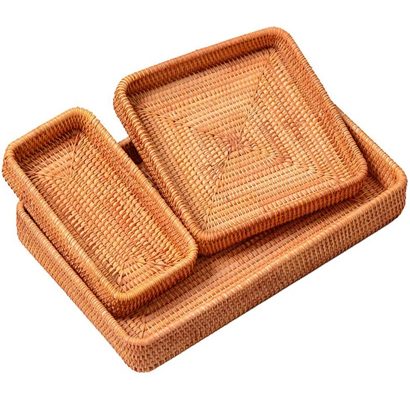 Набор из 3 ротанговых прямоугольных подносов ручной работы плетеный