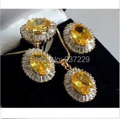 

Wholesale price FREE SHIPPING ^^Lovely Sets Yellow crystal pendant necklace Stud earring Ring
