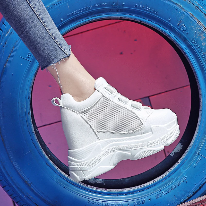 

10CM Heels Women's Sneakers Mesh Casual White Platform Trainers Spring Wedges Breathable Woman Height Increasing Shoes