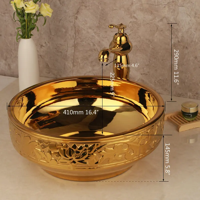 JIENI золотистый керамический умывальник для ванной комнаты Набор раковины тисненый Твердый латунный кран комбинированный смеситель кран бесплатно облетает