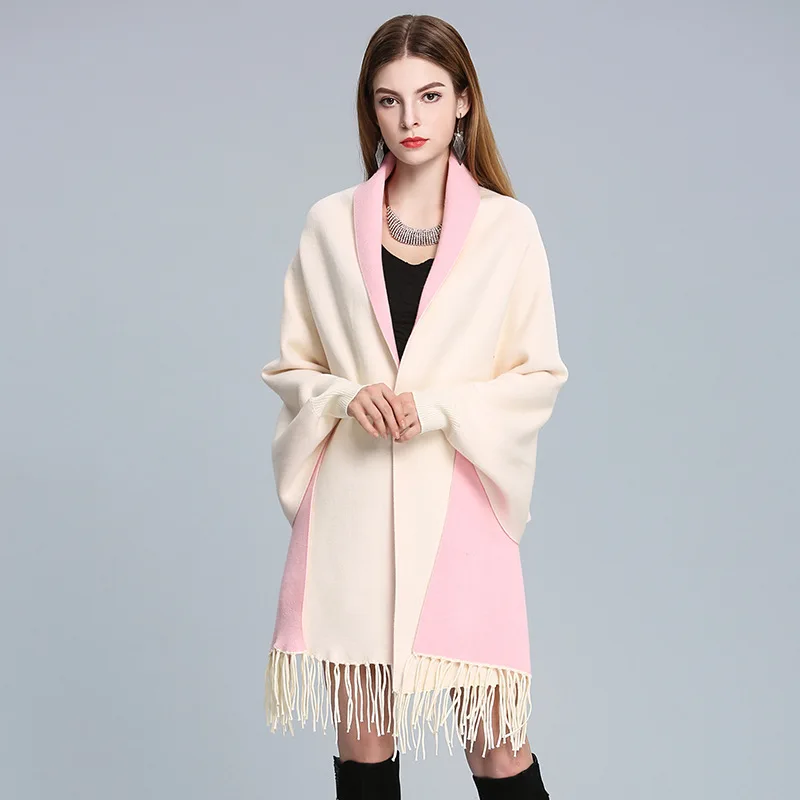 

Autumn New Fashion Women's Wool Elegant Socialite Cashmere Tassel Solid Color Cardigan Scarves Sweaters Batwing Sleeves Women