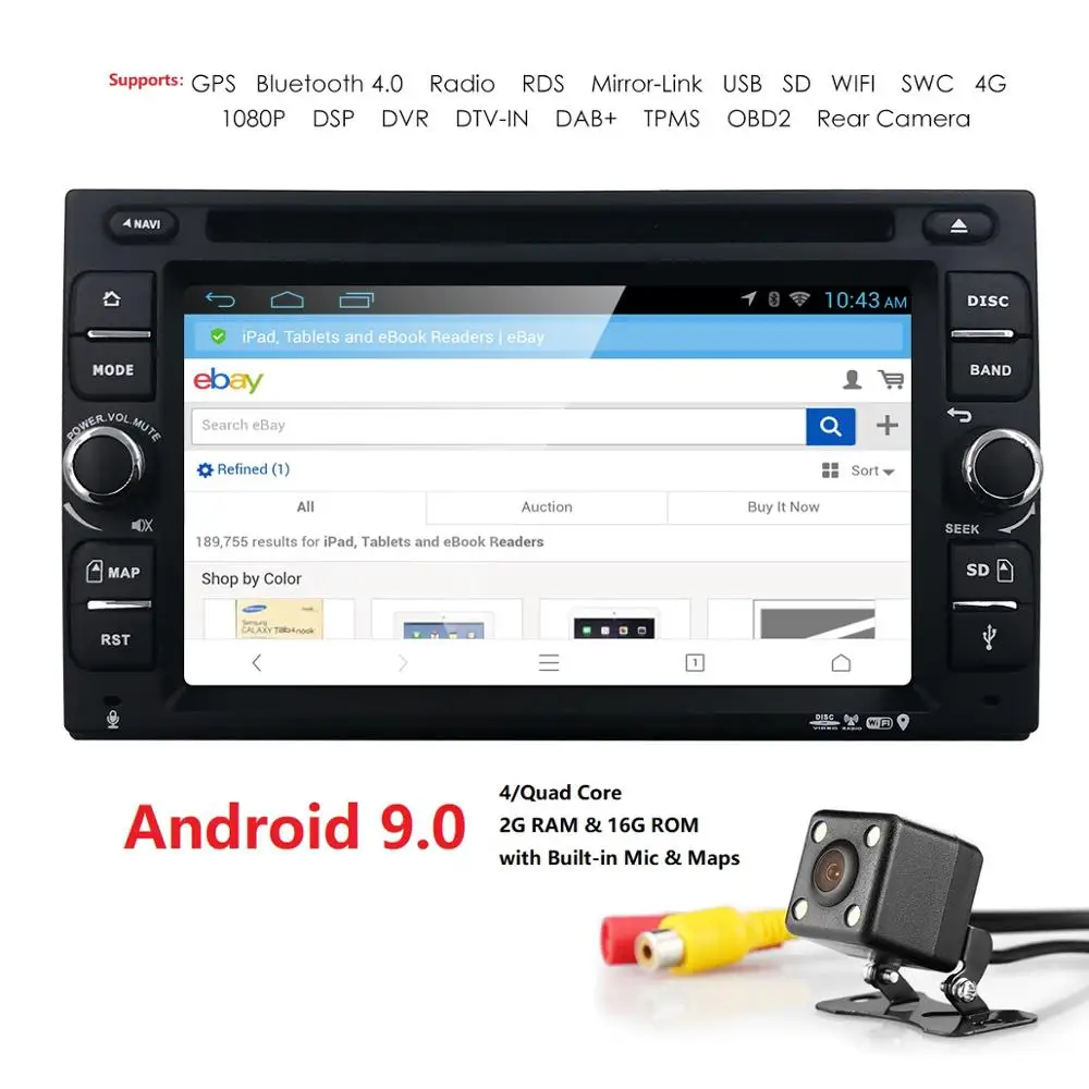 

Ossuret 2 Din Quad Core Android 9.0 Universal Car Radio DVD Stereo Player 6.2 Inch DSP RDS Mirror-Link SWC WIFI DAB DVR TPMS BT