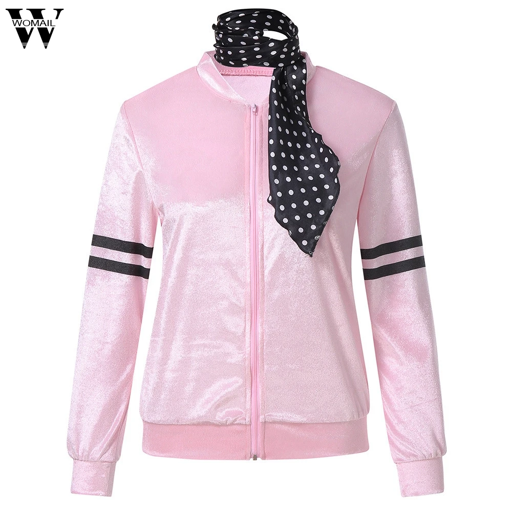 

Womail Elegant Jacket Coat Women 2018 Autumn Winter Warm Zipper Danny Pink Ladies Satin Jacket Costume with Polka Dot Scarf