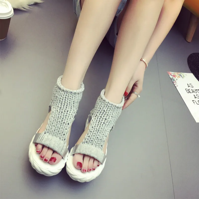 JINBEILEE Women's Cool Boots Hand-knitted Wool Flat with Candy Color Female Sandals Muffin with Casual Shoes