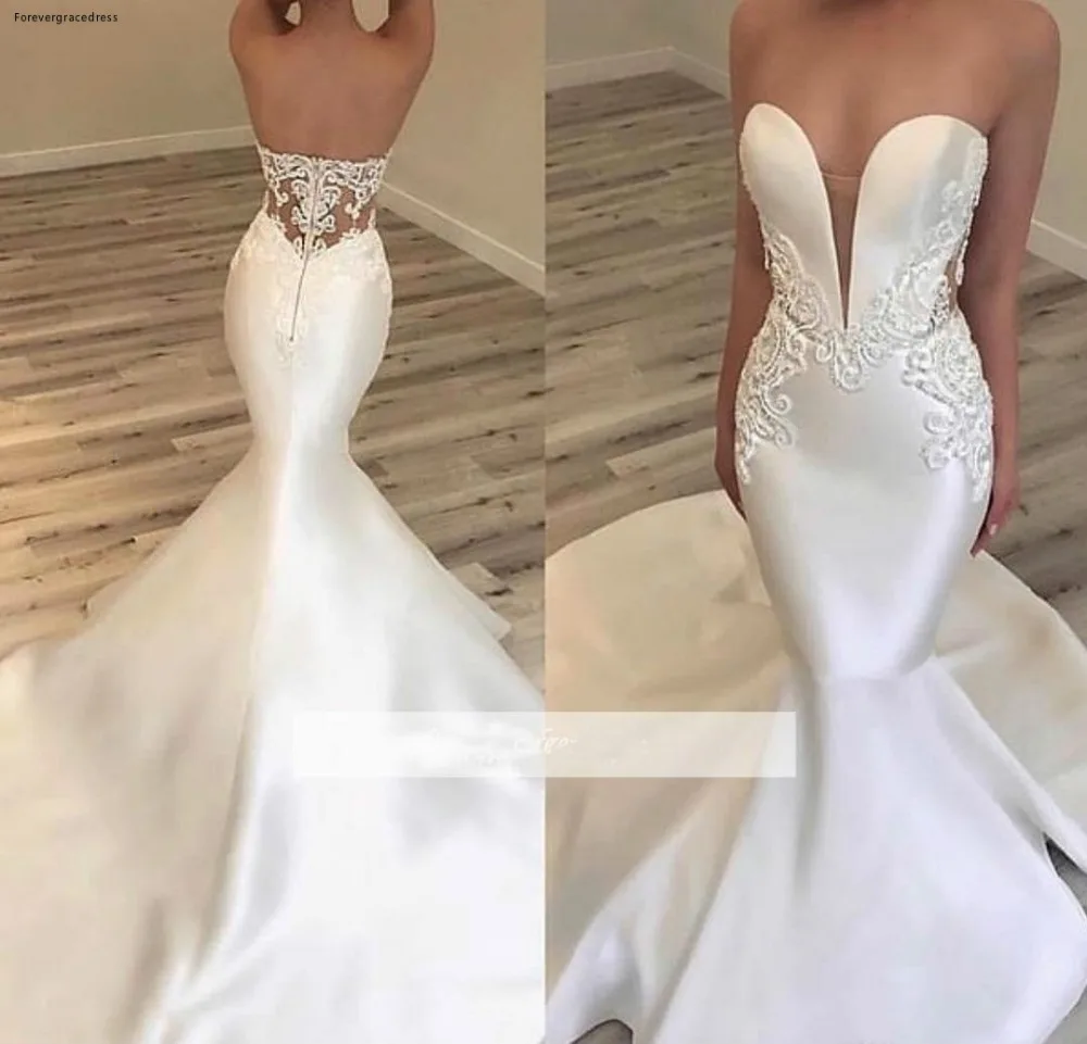 2019 Modern White Ivory Satin Mermaid Wedding Dresses Sweetheart Sexy Appliques Fitted Long Bridal Gowns Cheap  159 (1)