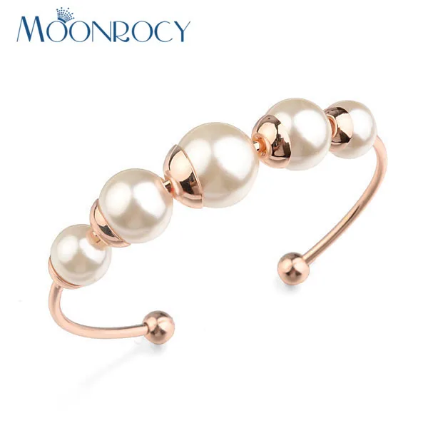 

Free Shipping Austrian Crystal Imitation Pearl Bracelet Open Bangle Fashion Jewelry Rose Gold Color for Women Gift