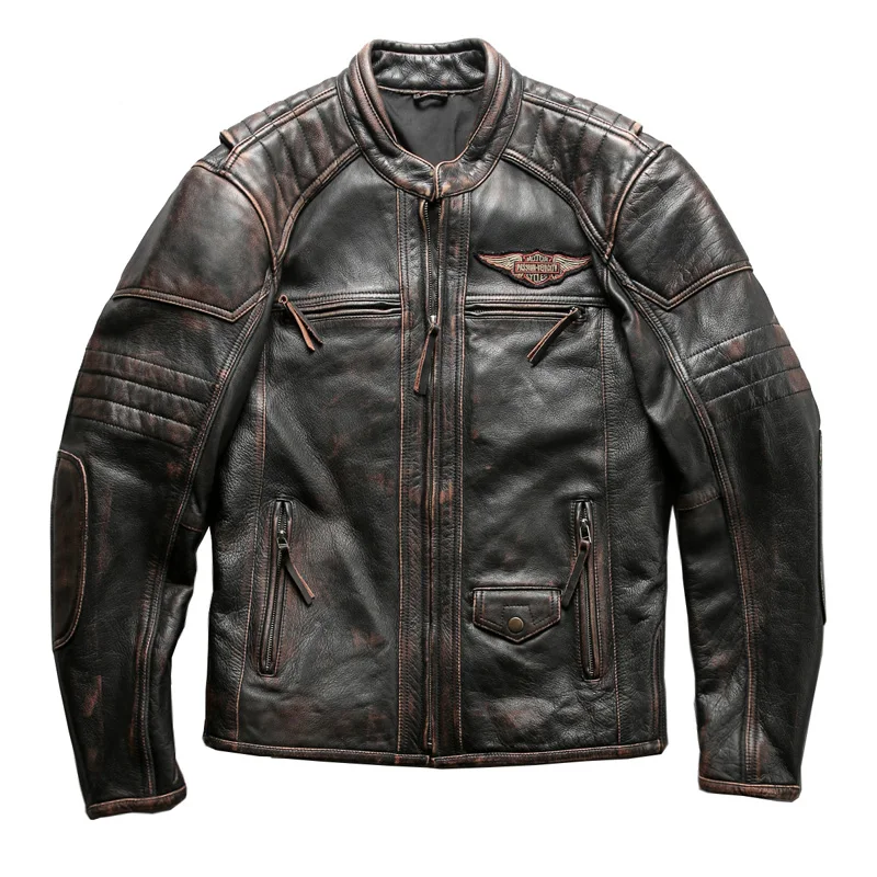 

2019 Vintage Black Men American Motorcycle Leather Jacket Plus Size 5XL Genuine Cowhide Spring Biker Leather Coat FREE SHIPPING