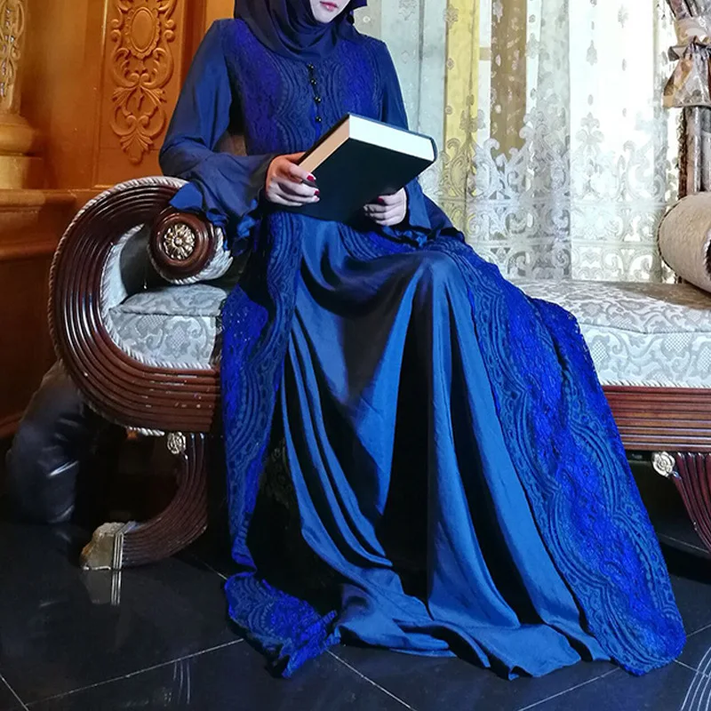 

Muslim best-selling long gown long sleeve dress fashionable lace color trumpet sleeve worship ethnic dress