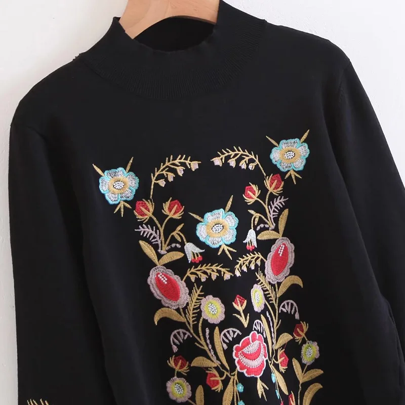 LTD119057 пуловер свитер Женский вязаный свитер Дамская Цветочная вышивка с расклешенными рукавами бандажный женский элегантный свитер