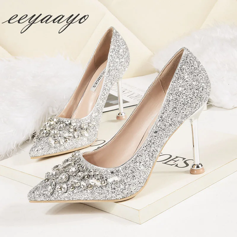 

2019 New Spring/Autumn Women Pumps High Thin Heel Metal Pointed Toe Bling Crystal Bridal Wedding Women Shoes Silver High Heels