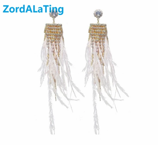 

S925 silver needle pink black ostrich feather rhinestone earrings for women long tassel feather exaggerate pendant temperament