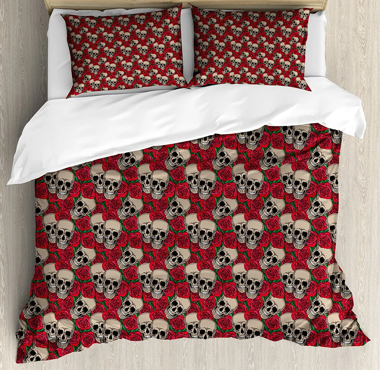 Rose Duvet Cover Set Graphic Skulls and Red Blossoms Halloween Inspired Retro Gothic Pattern Decorative 4 Piece Bedding | Дом и сад