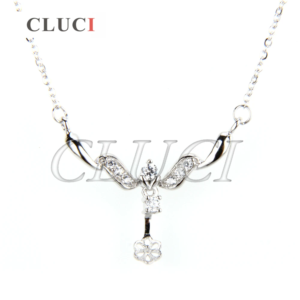 

CLUCI 925 sterling silver Geometric pearl pendant accessory with 16.5"chain, can stick pearl on, Fine Jewelry For Elegant Women